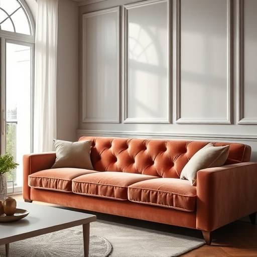 A plush, velvet sofa in a modern living room setting