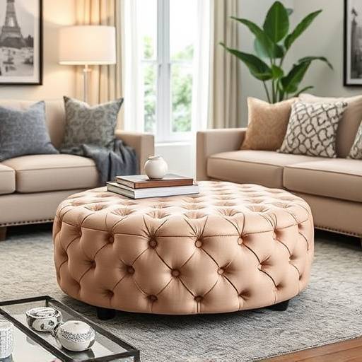 A round, tufted ottoman in a living room