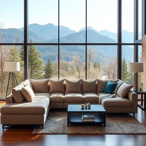 A sectional sofa in a modern living room with a mountain view