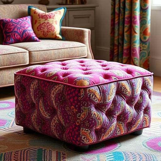 Bespoke ottoman upholstered in vibrant fabric, highlighting CloudNine Comforts' ability to create colorful and comfortable furniture